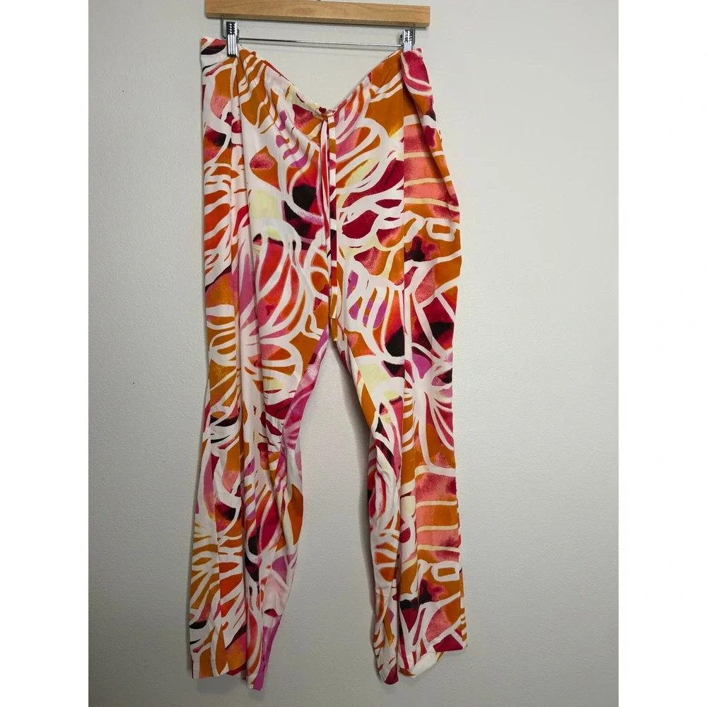 Natori Pajama Set Women's XL Pink Orange Abstract Floral Button Top Pants Lounge